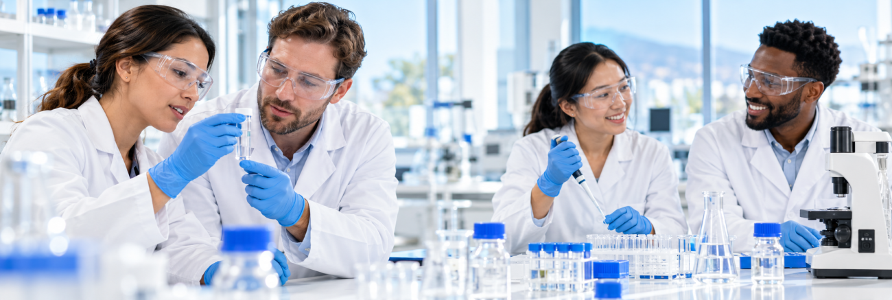 Scientists collaborating in a bright laboratory